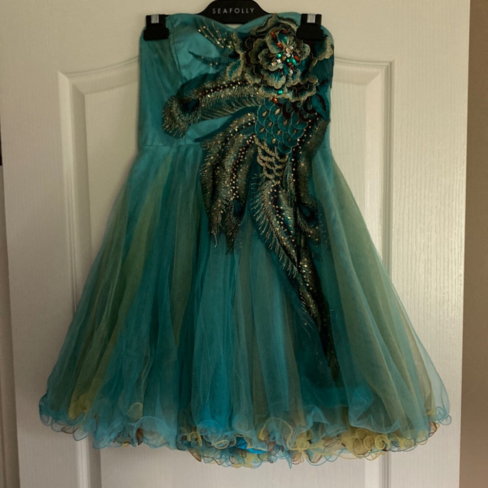 Dave & Johnny Teal and Gold Prom Dress